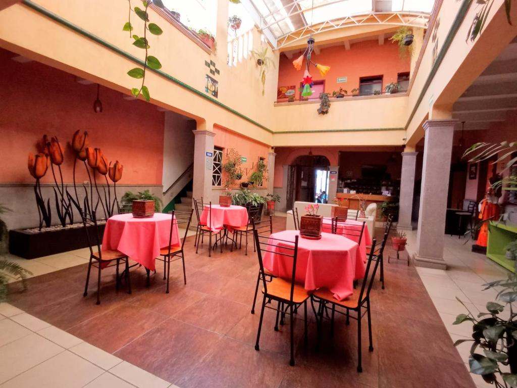 Colorful tables in the central hotel patio